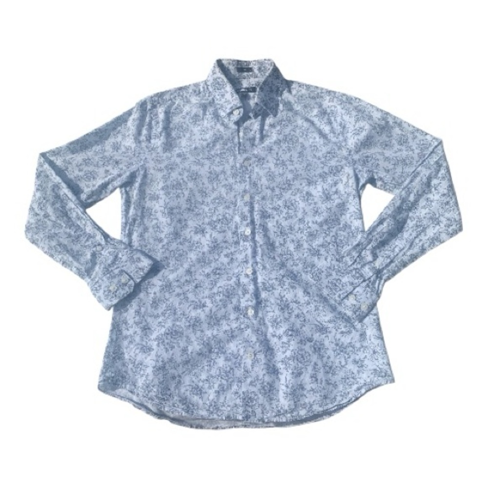 Men's Express Light Blue White Checkered Button Down‎ Dress Shirt Navy Floral SP